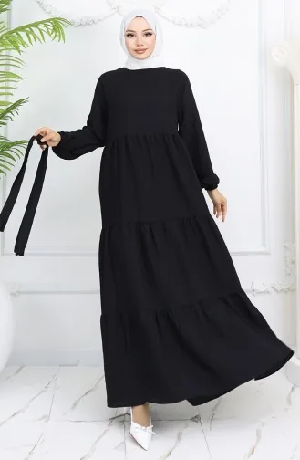 Sofia Leinenkleid Mit Elastischen Ärmeln Und Gürtel 2023-01 Schwarz 2023-01