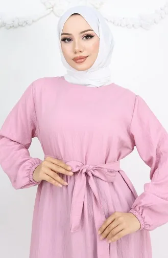 فستان صوفيا الكتاني بأكمام مرنة وحزام 2023-02 بودرة 2023-02