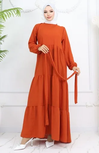 Sofya Keten Kolu Lastikli Kuşaklı Elbise 2023-03 Kiremit