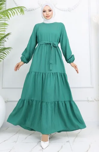 Sofia Leinenkleid Mit Elastischen Ärmeln Und Gürtel 2023-04 Grün 2023-04