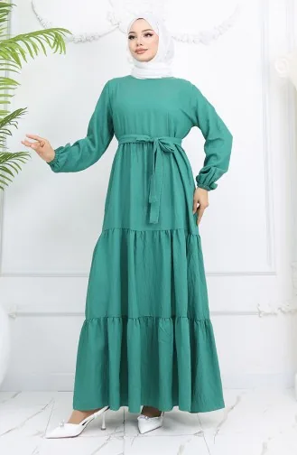 فستان صوفيا الكتاني بأكمام مرنة وحزام 2023-04 أخضر 2023-04