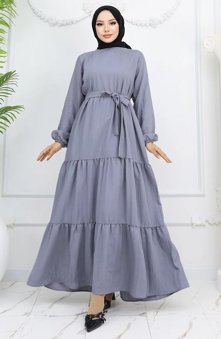Sofia Leinenkleid Mit Elastischen Ärmeln Und Gürtel 2023-05 Grau 2023-05