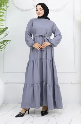 Sofia Leinenkleid Mit Elastischen Ärmeln Und Gürtel 2023-05 Grau 2023-05