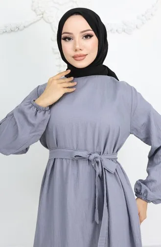 Sofia Leinenkleid Mit Elastischen Ärmeln Und Gürtel 2023-05 Grau 2023-05