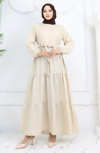 Robe Ceinturée à Manches élastiques En Lin Sofia 2023-07 Beige 2023-07