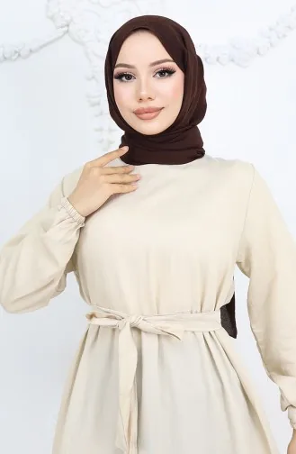 فستان صوفيا الكتاني بأكمام مرنة وحزام 2023-07 بيج 2023-07
