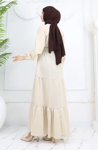 فستان صوفيا الكتاني بأكمام مرنة وحزام 2023-07 بيج 2023-07