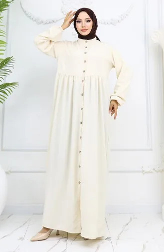 Boydan Düğmeli Kolu Lastikli Elbise 2024-02 Bej