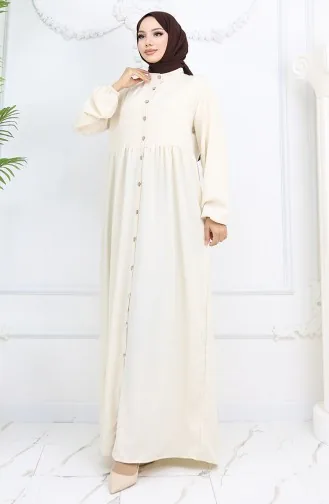Boydan Düğmeli Kolu Lastikli Elbise 2024-02 Bej