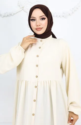 Boydan Düğmeli Kolu Lastikli Elbise 2024-02 Bej