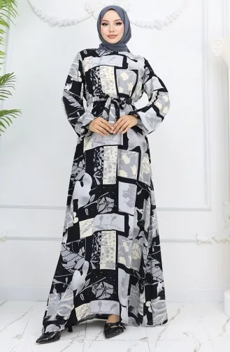 Viskose Stoff Elastische Ärmel Gemustertes Kleid 2026-01 Schwarz Grau 2026-01