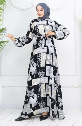 Viskose Stoff Elastische Ärmel Gemustertes Kleid 2026-01 Schwarz Grau 2026-01