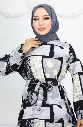 Viskose Stoff Elastische Ärmel Gemustertes Kleid 2026-01 Schwarz Grau 2026-01