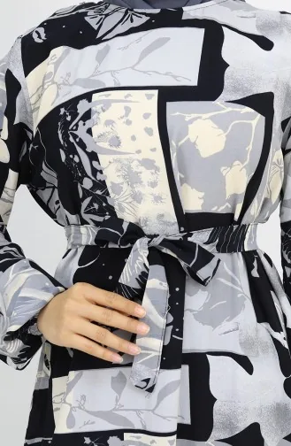 Viskose Stoff Elastische Ärmel Gemustertes Kleid 2026-01 Schwarz Grau 2026-01