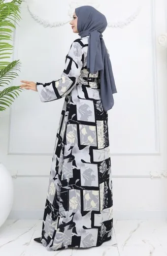 Viskose Stoff Elastische Ärmel Gemustertes Kleid 2026-01 Schwarz Grau 2026-01