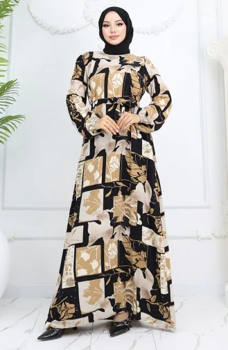 Viskose Stoff Elastische Ärmel Gemustertes Kleid 2026-02 Schwarz Milchkaffee 2026-02