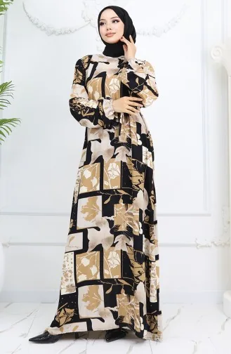 Viskose Stoff Elastische Ärmel Gemustertes Kleid 2026-02 Schwarz Milchkaffee 2026-02