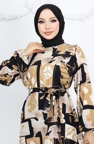 Viskose Stoff Elastische Ärmel Gemustertes Kleid 2026-02 Schwarz Milchkaffee 2026-02