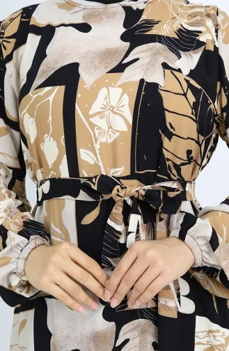 Viskose Stoff Elastische Ärmel Gemustertes Kleid 2026-02 Schwarz Milchkaffee 2026-02