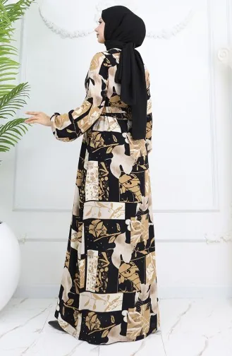 Viskose Stoff Elastische Ärmel Gemustertes Kleid 2026-02 Schwarz Milchkaffee 2026-02