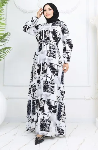 Viskose Stoff Kleid Mit Elastischen Ärmeln 2026-03 Schwarz Und Weiss 2026-03