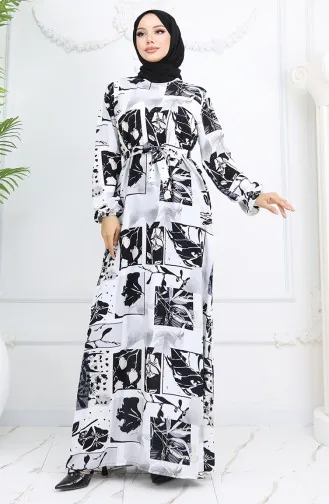 Viskose Stoff Kleid Mit Elastischen Ärmeln 2026-03 Schwarz Und Weiss 2026-03