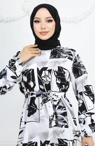 Viskose Stoff Kleid Mit Elastischen Ärmeln 2026-03 Schwarz Und Weiss 2026-03