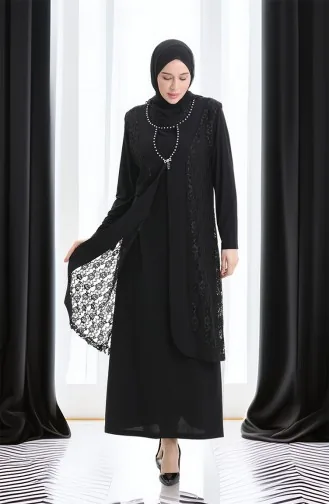 Ensemble Deux Pièces Grande Taille Avec Robe Gilet En Dentelle 4123-01 Noir 4123-01