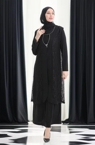Ensemble Deux Pièces Grande Taille Avec Robe Gilet En Dentelle 4123-01 Noir 4123-01