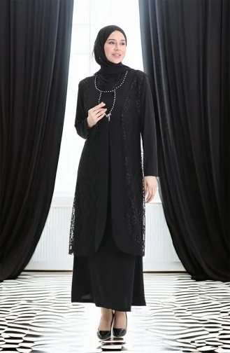 Ensemble Deux Pièces Grande Taille Avec Robe Gilet En Dentelle 4123-01 Noir 4123-01