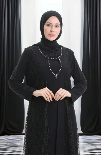 Ensemble Deux Pièces Grande Taille Avec Robe Gilet En Dentelle 4123-01 Noir 4123-01