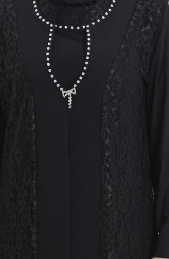 Ensemble Deux Pièces Grande Taille Avec Robe Gilet En Dentelle 4123-01 Noir 4123-01