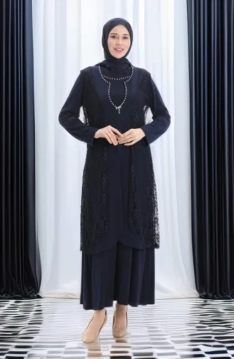 Büyük Beden Dantel Yelek Elbise İkili Takım 4123-02 Lacivert