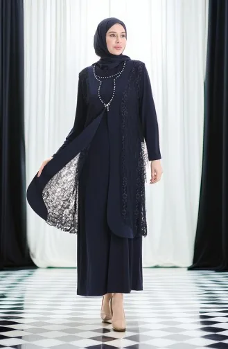 Büyük Beden Dantel Yelek Elbise İkili Takım 4123-02 Lacivert
