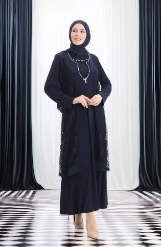 Büyük Beden Dantel Yelek Elbise İkili Takım 4123-02 Lacivert