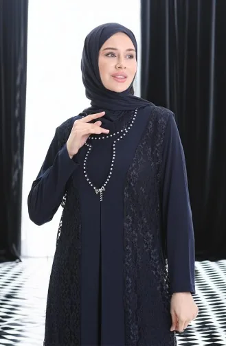 Büyük Beden Dantel Yelek Elbise İkili Takım 4123-02 Lacivert
