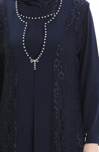 Büyük Beden Dantel Yelek Elbise İkili Takım 4123-02 Lacivert