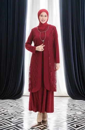 Ensemble Deux Pièces Grande Taille Avec Robe Gilet En Dentelle 4123-03 Bordeaux 4123-03