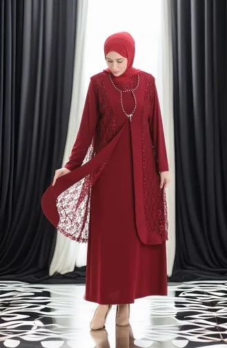 Ensemble Deux Pièces Grande Taille Avec Robe Gilet En Dentelle 4123-03 Bordeaux 4123-03