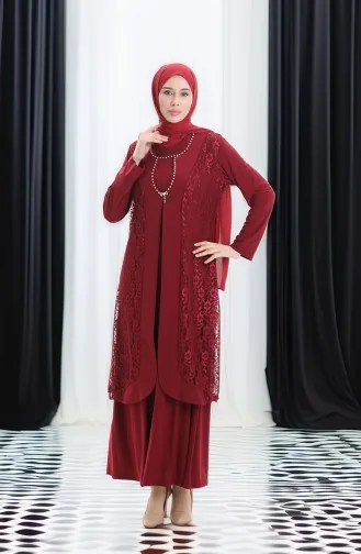 Ensemble Deux Pièces Grande Taille Avec Robe Gilet En Dentelle 4123-03 Bordeaux 4123-03