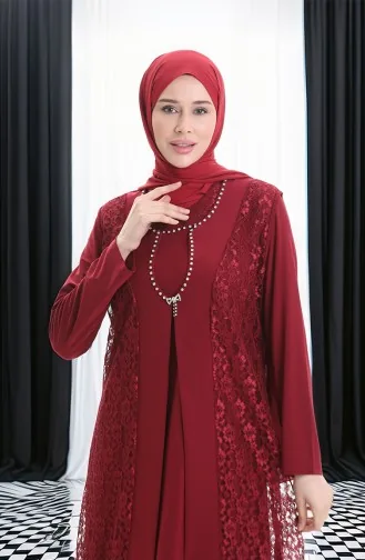 Ensemble Deux Pièces Grande Taille Avec Robe Gilet En Dentelle 4123-03 Bordeaux 4123-03