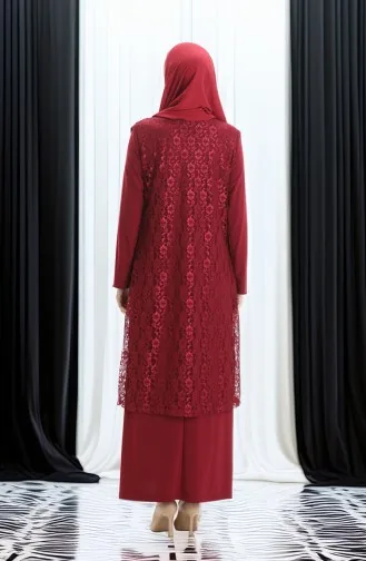 Ensemble Deux Pièces Grande Taille Avec Robe Gilet En Dentelle 4123-03 Bordeaux 4123-03