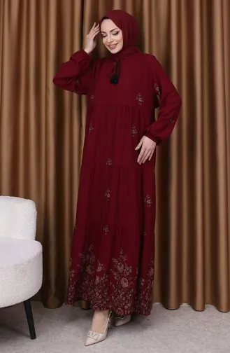 فستان من الفيسكوز المنقوش 4083-11 أحمر كلاريت 4083-11