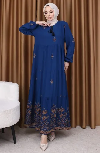 Desenli Viskon Elbise 4083-12 Petrol