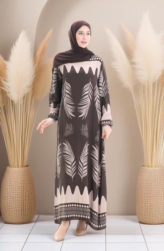 Desenli Viskon Elbise 0005-05 Vizon Kahverengi