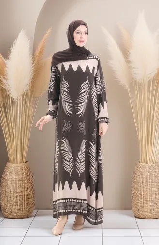 Desenli Viskon Elbise 0005-05 Vizon Kahverengi