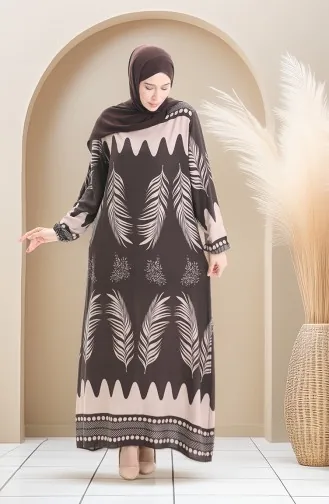 Desenli Viskon Elbise 0005-05 Vizon Kahverengi