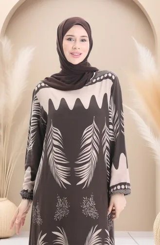 Desenli Viskon Elbise 0005-05 Vizon Kahverengi