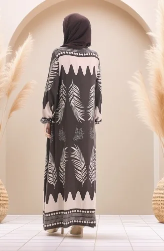 Desenli Viskon Elbise 0005-05 Vizon Kahverengi