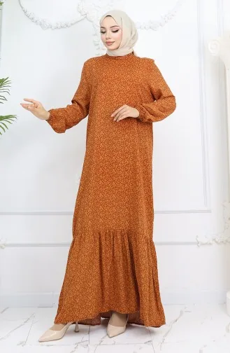 Viscose Stof Elastische Mouw Patroon Jurk 2015-02 Bruin 2015-02